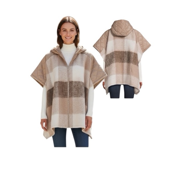 Time and Tru Sweaters - Time And Tru Stone Plaid Hooded Zipper Poncho Sweater